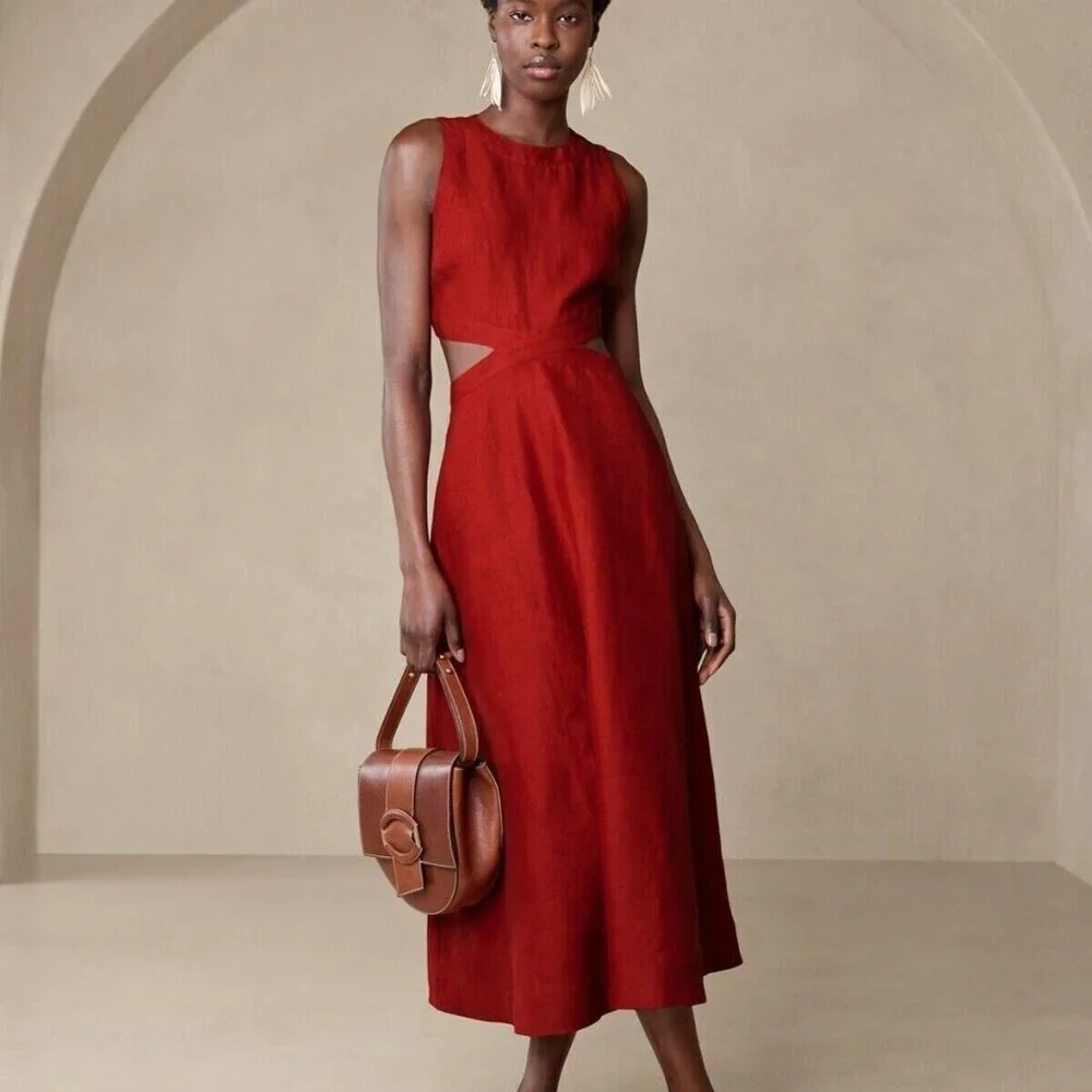 Banana Republic Lina Linen Cutout Dress in Red Embers, Size 12 - Picture 1 of 5